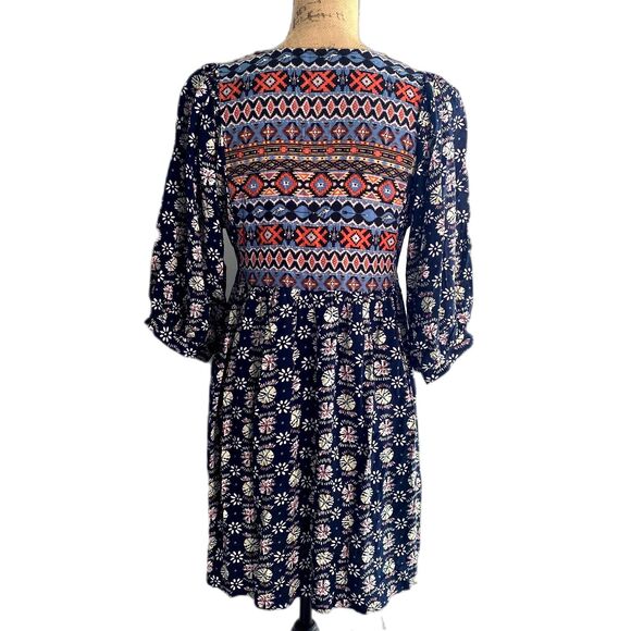 Umgee USA‎ Mini Peasant Dress Navy Blue Mixed Print Boho Southwestern Size Small - Picture 4 of 6